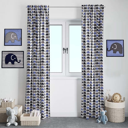 Bacati Single Light Filtering Curtain Panel Elephants Blue Navy Gray
