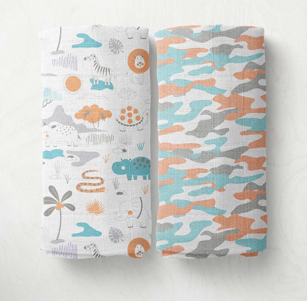 Bacati - 2 Pack Jungle Safari Baby Blankets Boys Swaddle Wrap Soft Breathable Cotton Muslin Swaddle Blankets Receiving