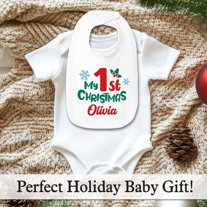 Smiling Jindo Personalized My 1st Christmas Baby Bib with Custom Name – Premium Jersey Bib for Newborn & Infant (photo 2)