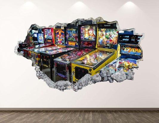 West Mountain Vintage Pinball Machine Wall Decal Art Decor 3D Smashed Game Sticker Poster Kids Room Mural Custom Gift