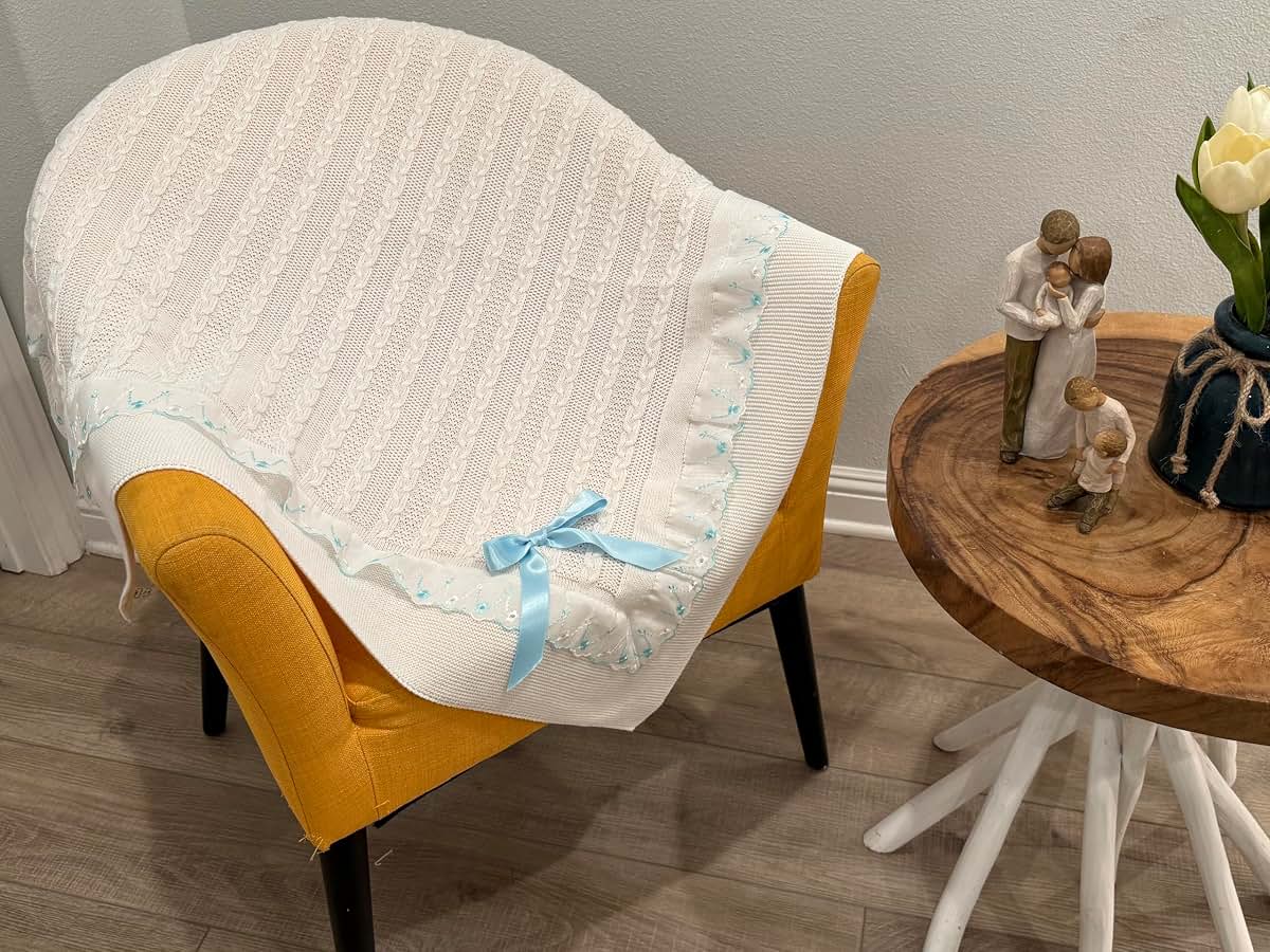 Creaciones Huerta Knitted Receiving Baby Blanket for Newborn Boys and Girls Swaddle Soft Crib Stroller - Made in Spain (photo 2)