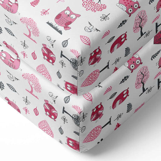 Bacati Owls Girls Cotton 2 Pack Cotton Printed Crib Fitted Sheets, Pink/Grey
