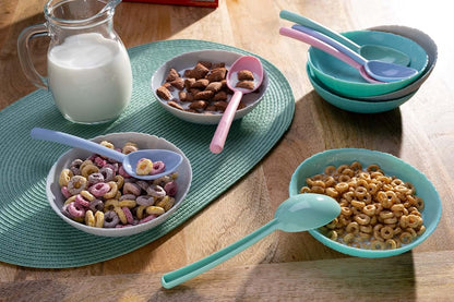 Pikanty Plastic Cereal Spoons, Set of 6 - 7 Inch Kids Spoons in Pink, Green, Blue, Made in USA