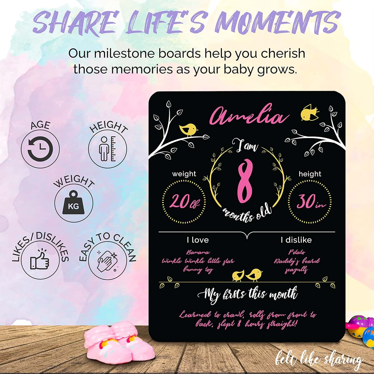 Felt Like Sharing Baby Milestone Chalkboard Sign 12x16 Inch with 3 Markers