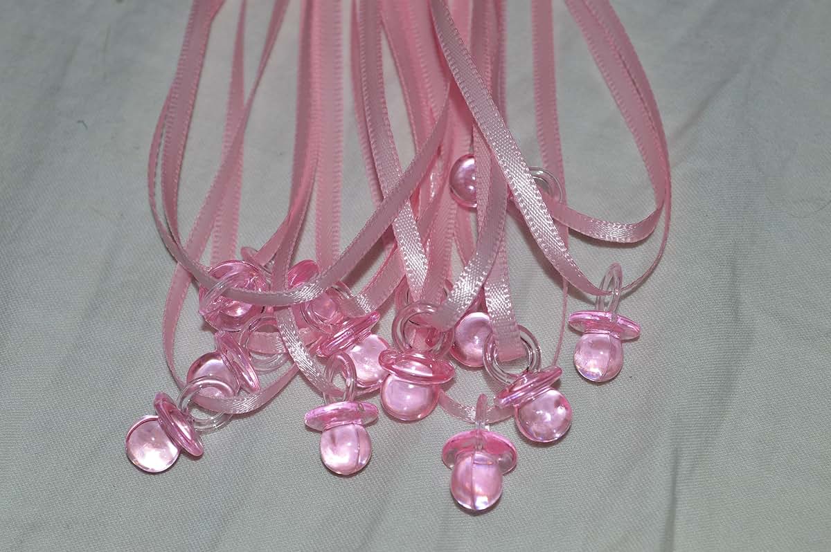 KCraftDepot 24 Pcs 3/4" Mini Light Pink Plastic Pacifier Necklaces "Don't Say Baby!" for Baby Shower Party Game/ Favors