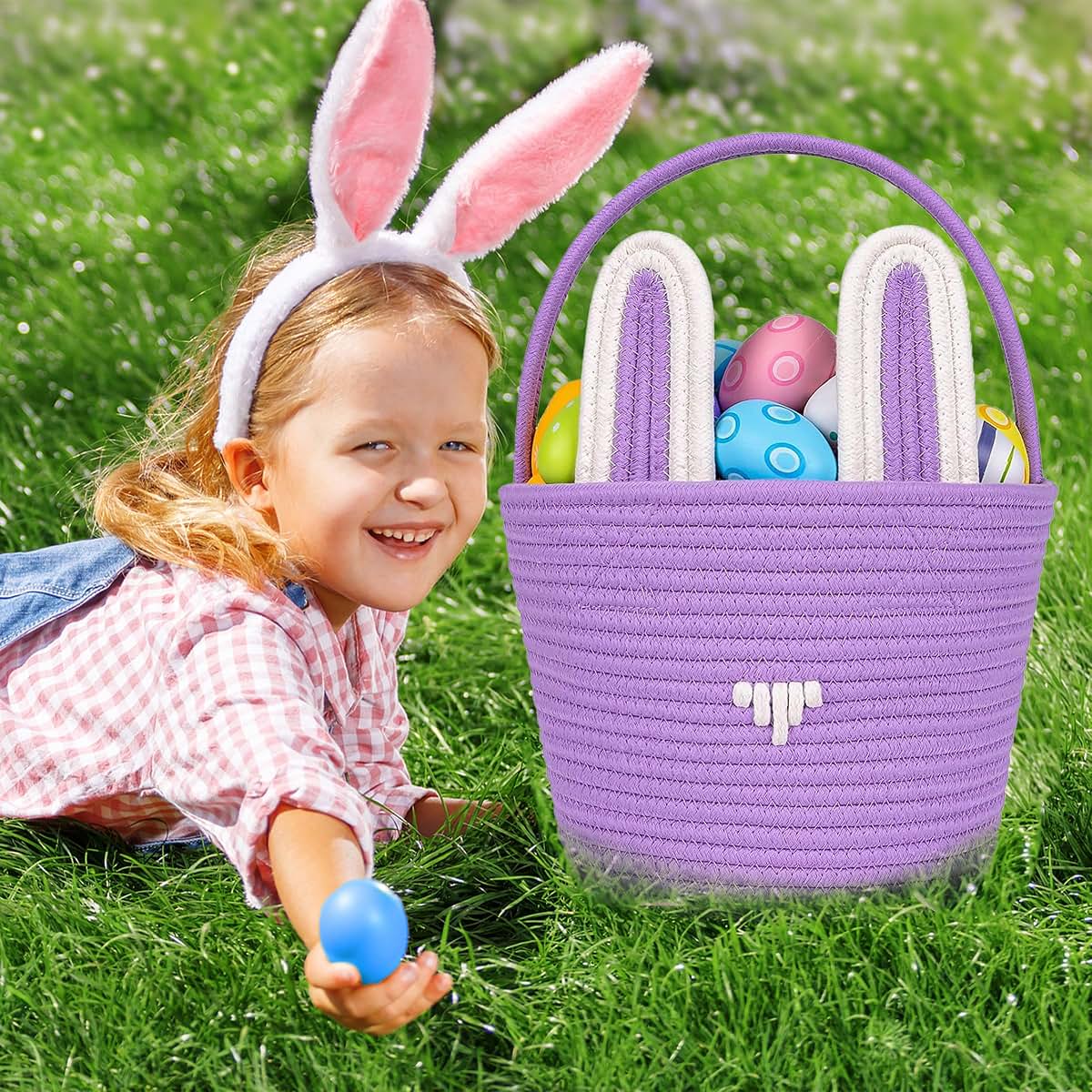 Easter Bunny Basket With Handle, Foldable Cotton Egg Hunt Bucket, Blue