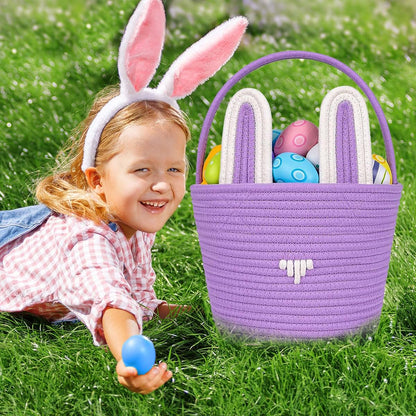 Easter Bunny Basket With Handle, Foldable Cotton Egg Hunt Bucket, Blue