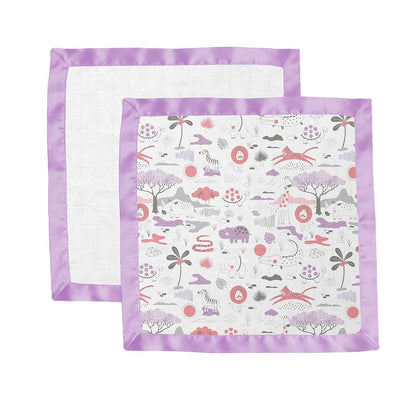 Bacati - Muslin 2 Pack Security Blankets Jungle Safari (Lilac/Coral/Gray) (photo 4)