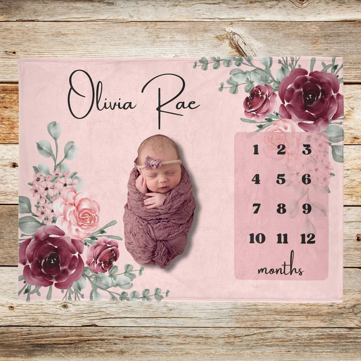 Zebra88 Personalized Monthly Baby Milestone Blanket With Floral Rose Design (photo 2)