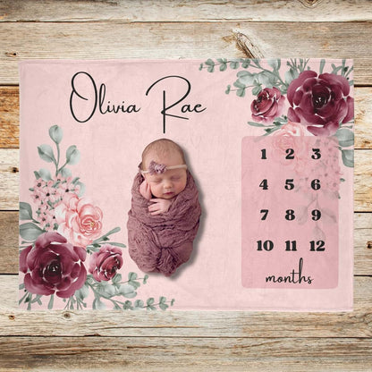 Zebra88 Personalized Monthly Baby Milestone Blanket With Floral Rose Design (photo 2)