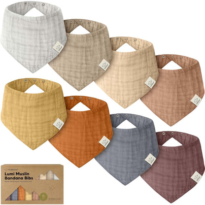 KeaBabies Lumi Muslin Bandana Bibs 8-Pack, Spice, Adjustable Snap Bibs 0-36M