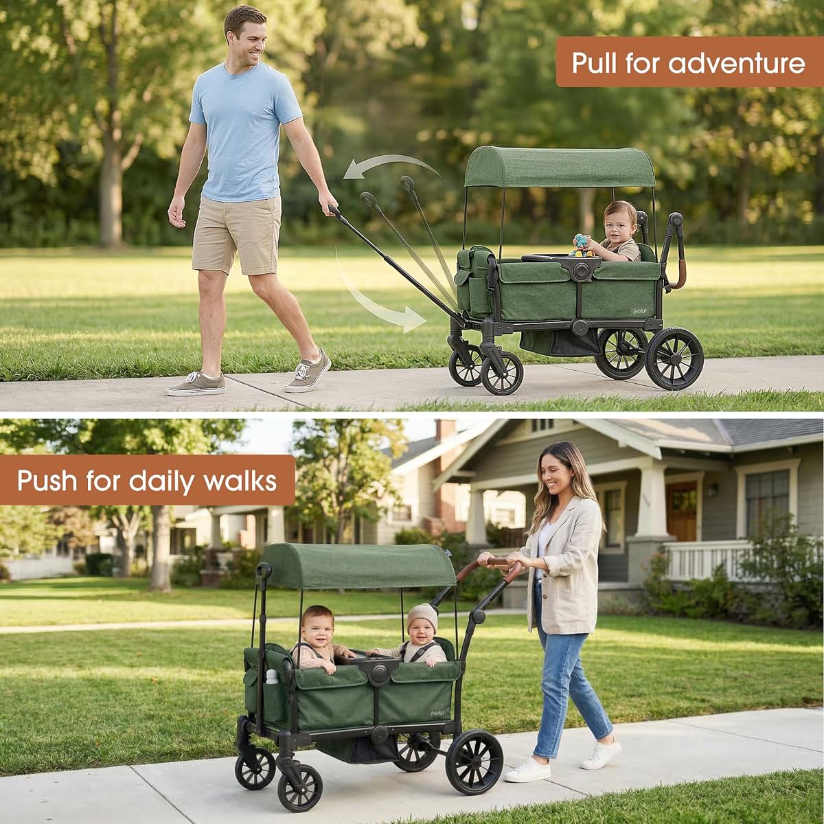 Evolur Trailblazer Foldable Wagon Stroller for 2 Kids with Canopy, Green (photo 3)