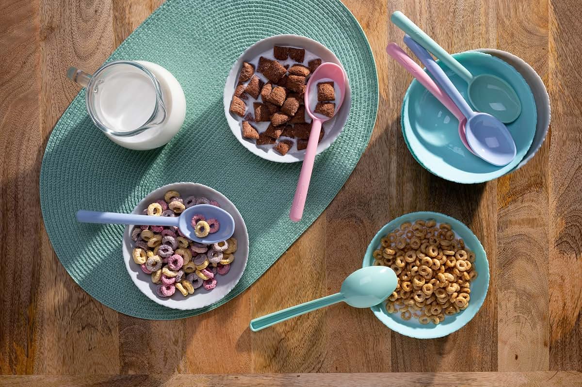 Pikanty Plastic Cereal Spoons, Set of 6 - 7 Inch Kids Spoons in Pink, Green, Blue, Made in USA