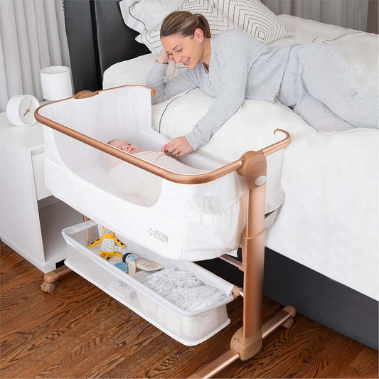 KoolerThings Baby Bassinet, Bedside Sleeper for Baby, Easy Folding Portable Crib with Storage Basket for Newborn