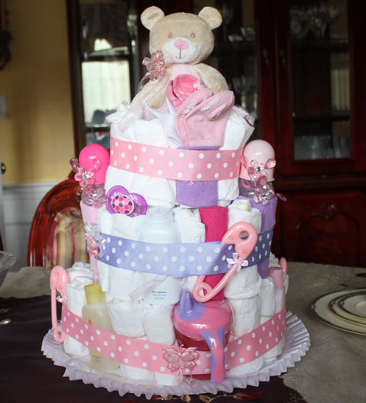 FavorOnline Fancy 3-Tier Pink Baby Diaper Cake Filled with Baby Girl Essentials and Needs