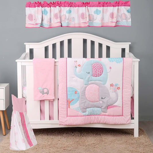 CribMATE 6 PCs Pink Elephant Nursery Crib Bedding Set Quilt, Fitted Sheet, Skirt, Blanket, Diaper Organizer, Window