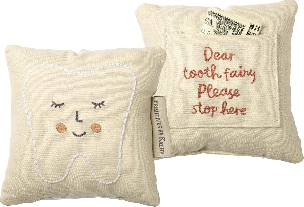 Primitives by Kathy Dear Tooth Fairy Mini Pillow, 5x5 Inch, Pink Embroidered Keepsake with Back Pocket