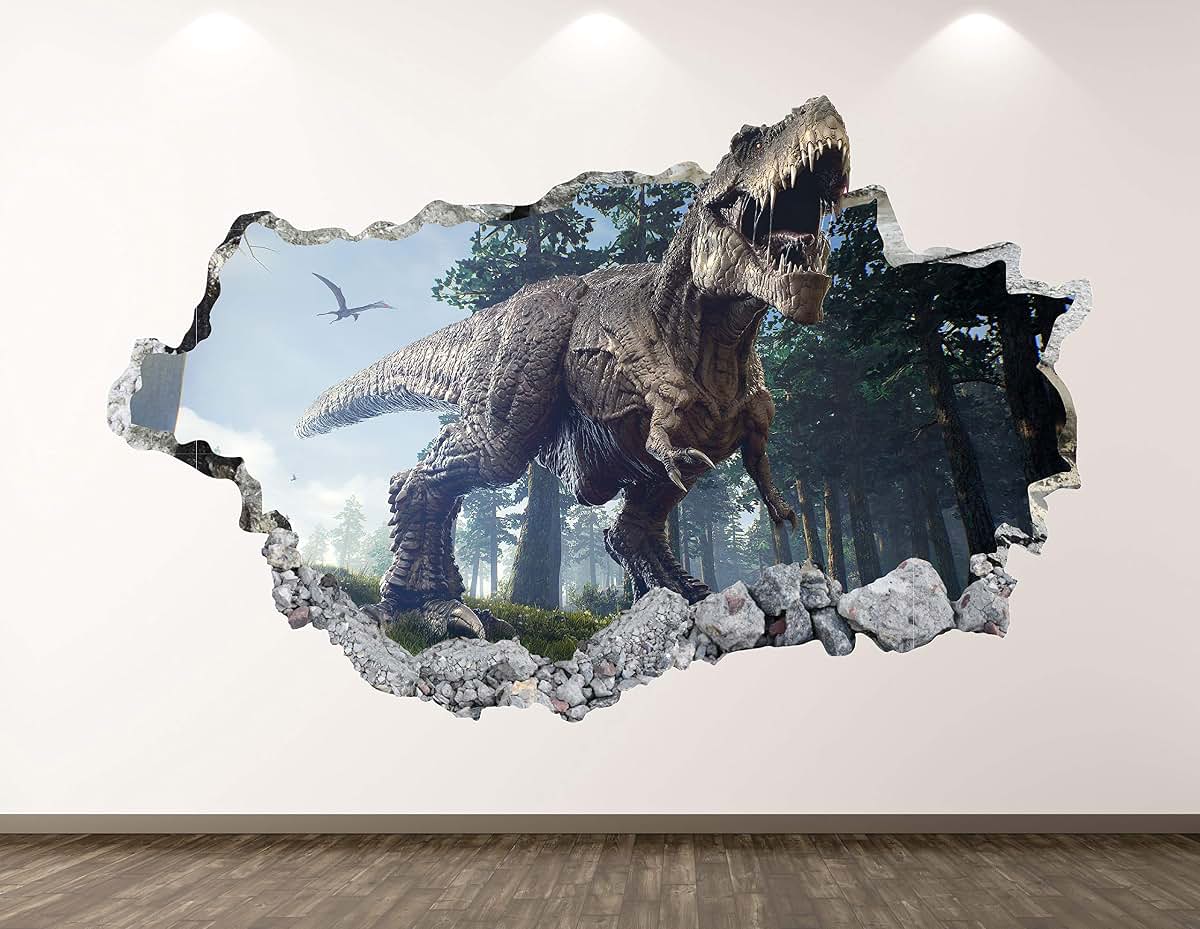 West Mountain Dinosaur Wall Decal Art Decor 3D Smashed Wild T-Rex Sticker Poster Kids Room Mural Custom Gift BL176