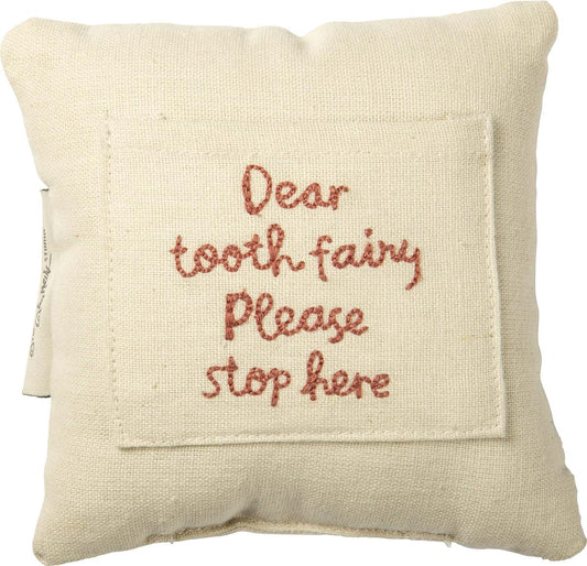 Primitives by Kathy Dear Tooth Fairy Mini Pillow, 5x5 Inch, Pink Embroidered Keepsake with Back Pocket