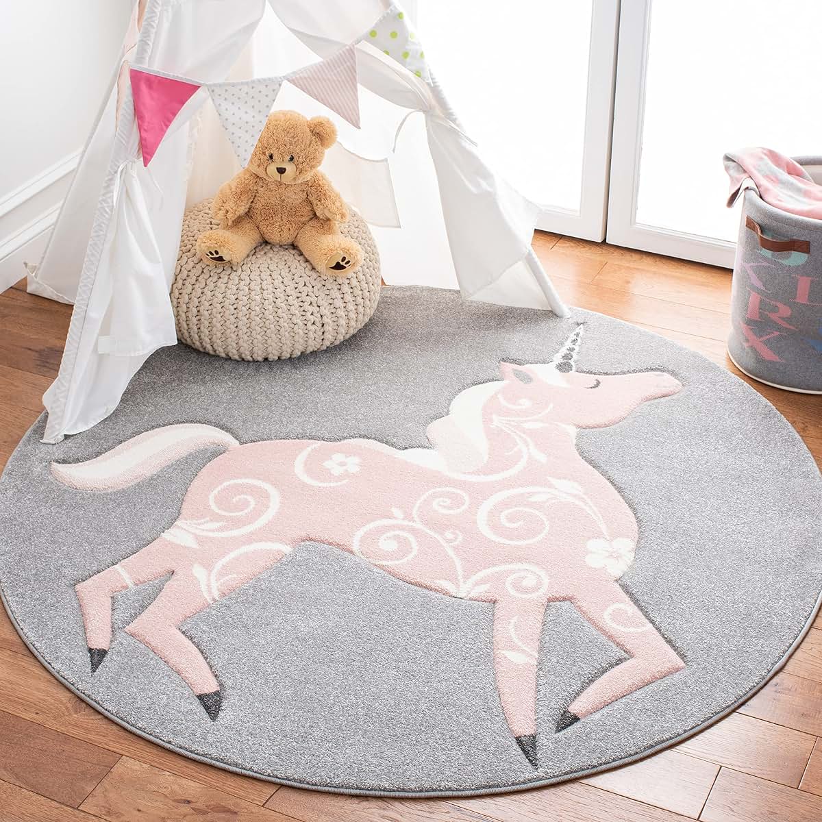 SAFAVIEH Carousel Kids Collection 3' Round Unicorn Area Rug, Grey/Pink