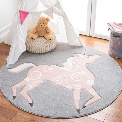 SAFAVIEH Carousel Kids Collection 3' Round Unicorn Area Rug, Grey/Pink