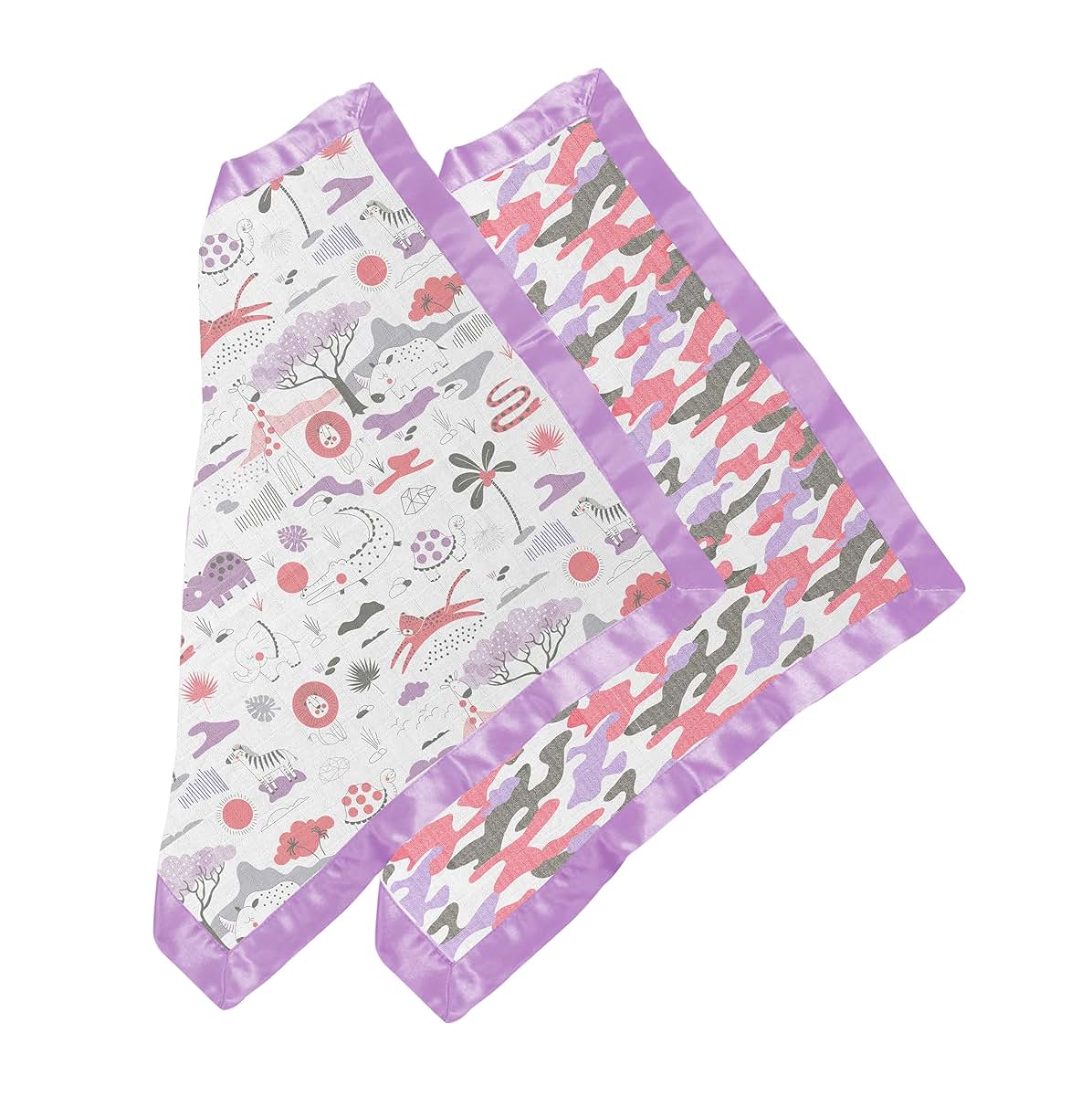 Bacati - Muslin 2 Pack Security Blankets Jungle Safari (Lilac/Coral/Gray) (photo 3)