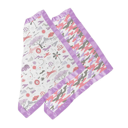 Bacati - Muslin 2 Pack Security Blankets Jungle Safari (Lilac/Coral/Gray) (photo 3)