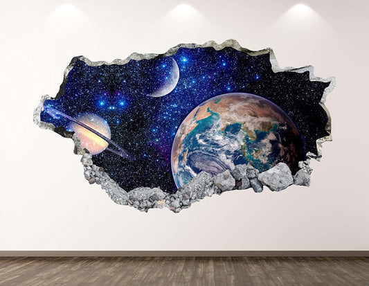 West Mountain Earth Planet Wall Decal Art Decor 3D Smashed Space Sticker Poster Kids Room Mural Custom Gift BL132 (70"