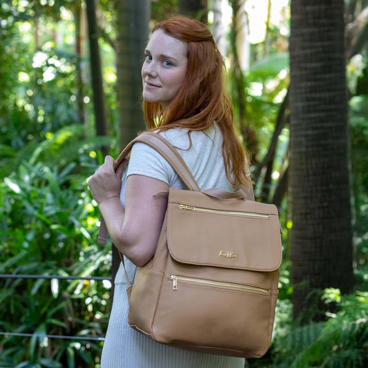Roo and Bear Vegan Leather Diaper Bag Backpack in Tan Brown (photo 2)