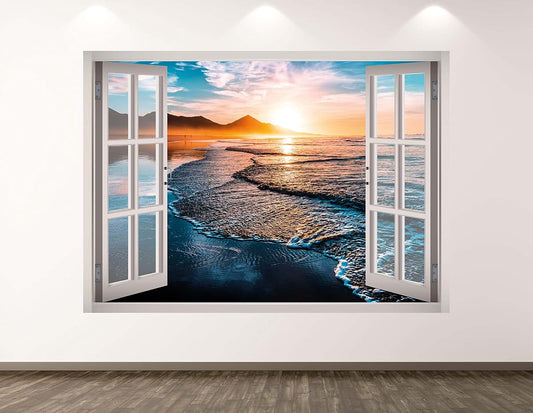 West Mountain Sunset Beach Wall Decal Art Decor 3D Window Tropical Ocean Sticker Mural Kids Room Custom Gift BL318 (30"