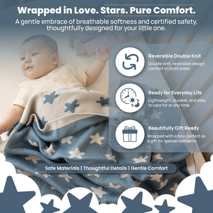 Little Dedi Reversible Knit Baby Blanket 30x40 in, Smoke Blue, Gift Bow