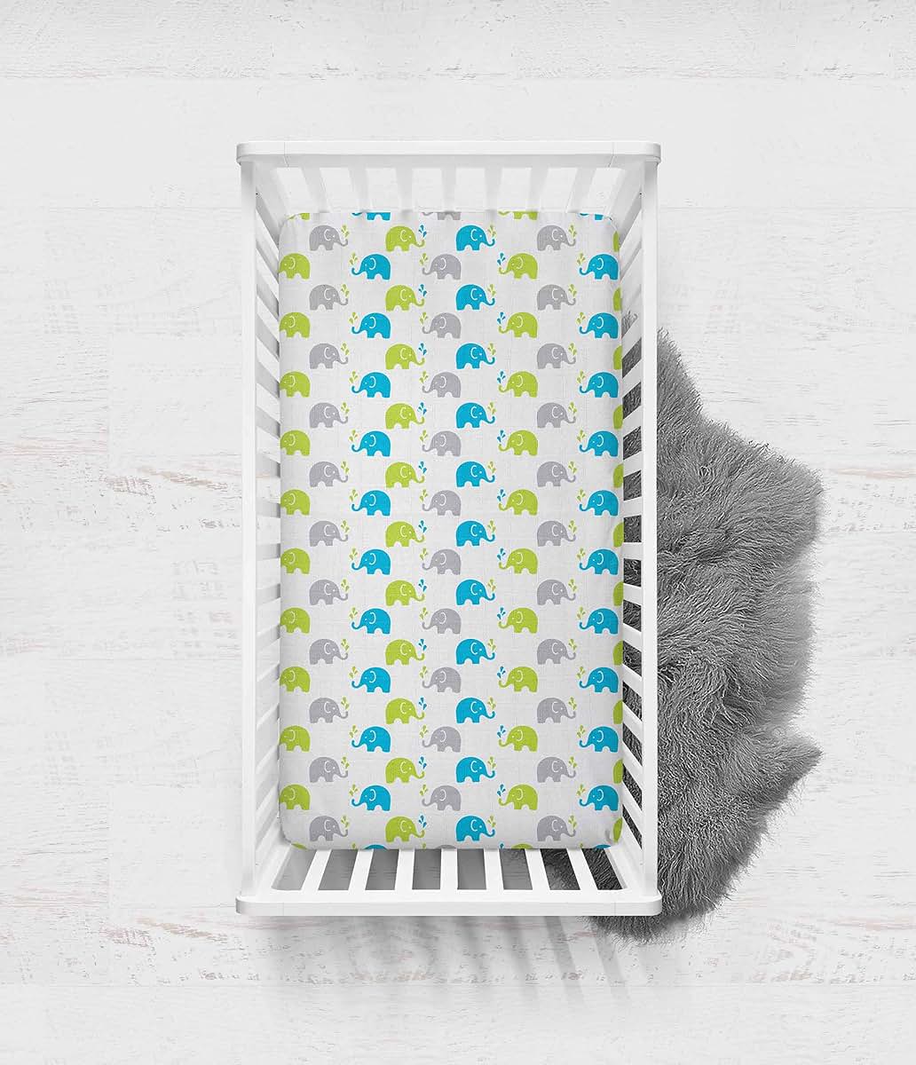 Bacati Elephants Muslin Crib Fitted Sheets Aqua Lime Grey 2 Pack (photo 4)