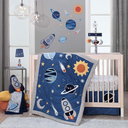 Lambs & Ivy Milky Way Blue/Silver Rocket Ship Nursery Lamp with Shade & Bulb