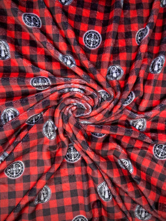 Lion And Lamb Creations Black and Red Plaid Benedictine Medal Baby Blanket I Catholic Baby Swaddle for Baptism Gifts I