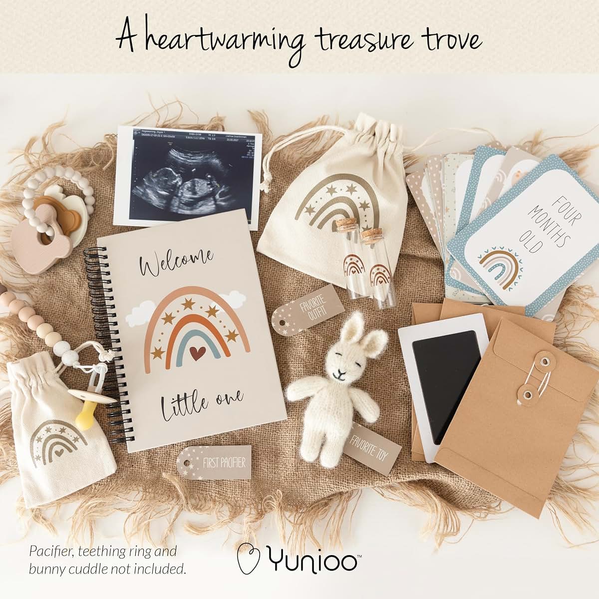 Yunioo Baby Keepsake Box with Memory Book, Footprint Kit, Milestone Cards, Tooth Tubes and Envelopes