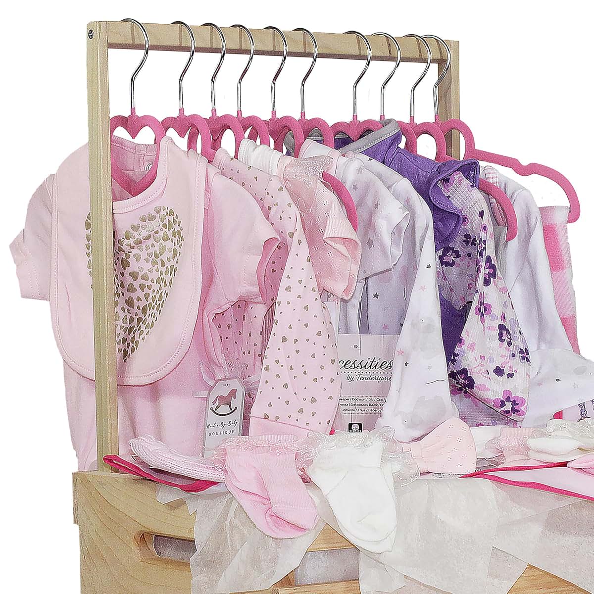 3 Stories Trading Company Natural Pine Baby Shower Wardrobe Crate, 10 Flocked Clothes Hangers, Fully Assembled (Pink)