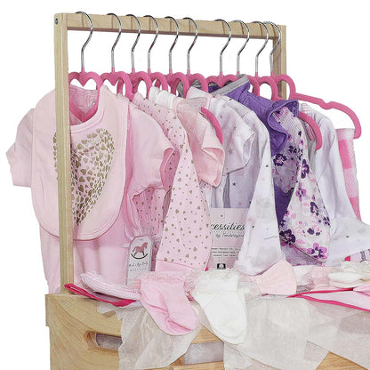 3 Stories Trading Company Natural Pine Baby Shower Wardrobe Crate, 10 Flocked Clothes Hangers, Fully Assembled (Pink)