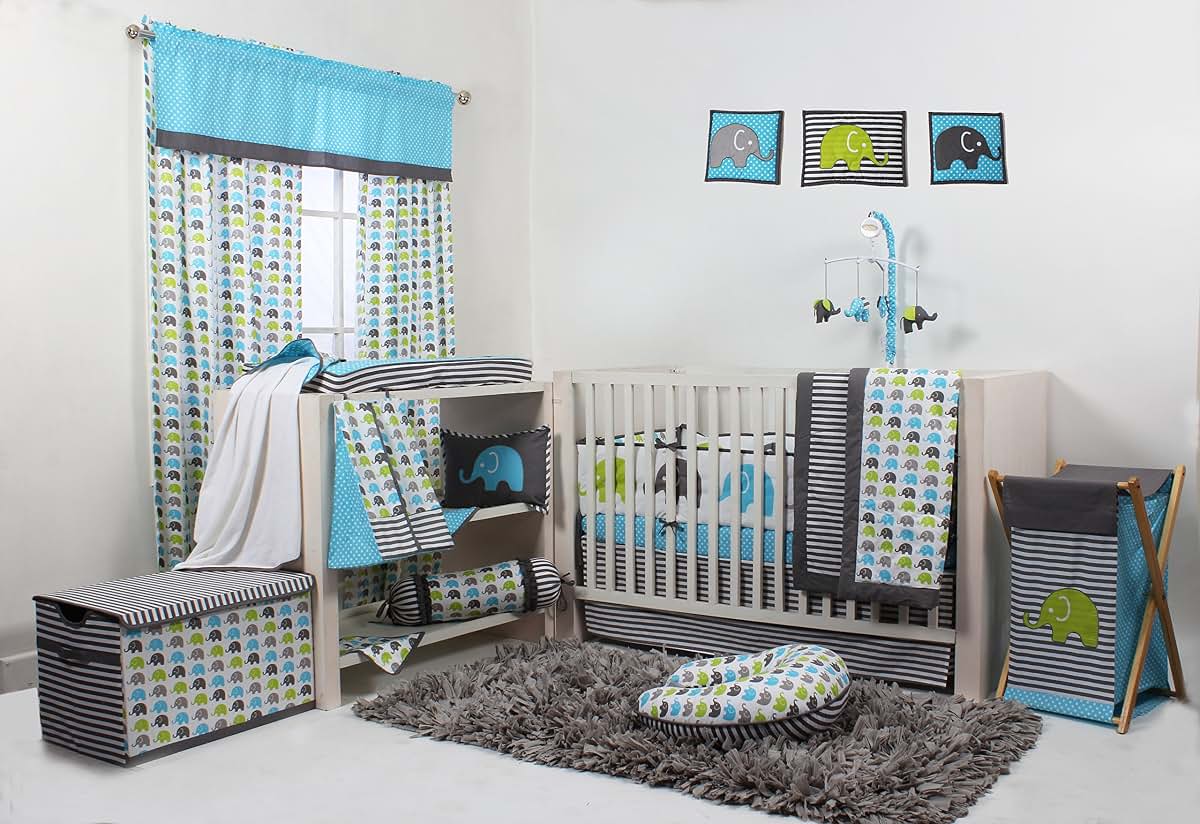 Bacati Elephants Aqua, Lime, and Grey Hamper with Natural Wood Frame (photo 2)