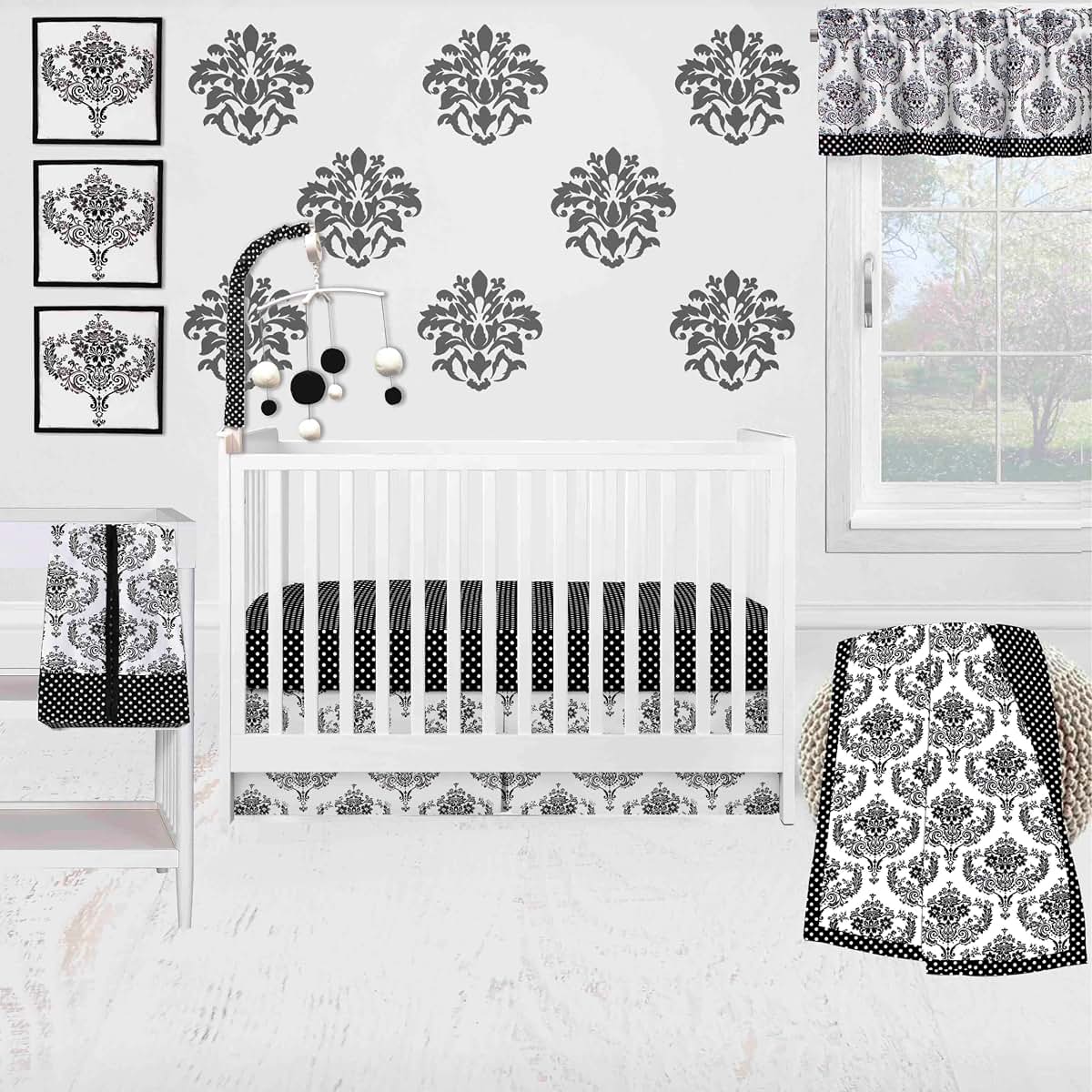 Bacati Classic Damask Black/Grey/White Neutral Crib Bedding Set 10 pc Crib Bedding Set with 2 Crib Fitted Sheets