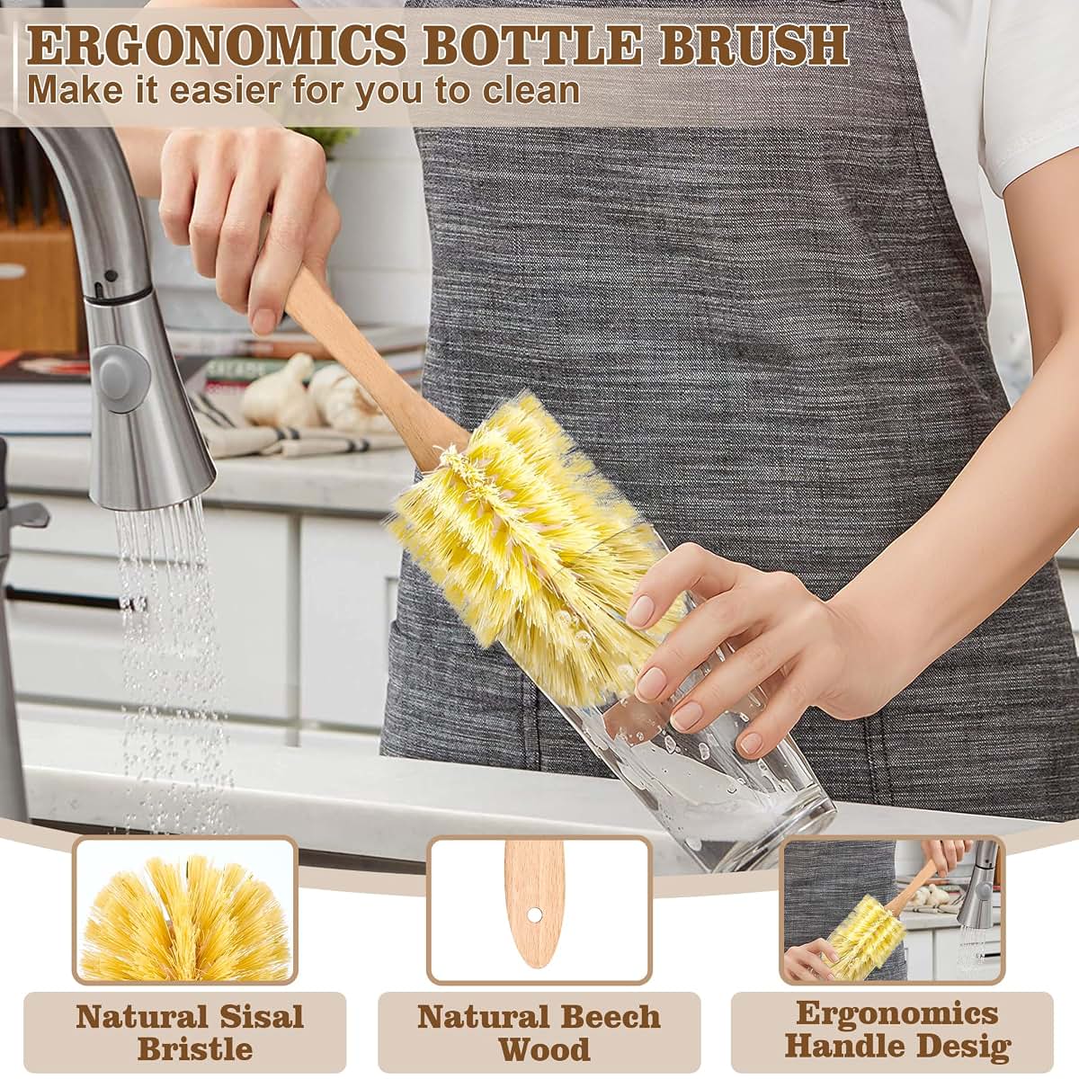 Valentise Bottle Brush Set 6 Pack Sisal Bristle Natural Cleaning Set