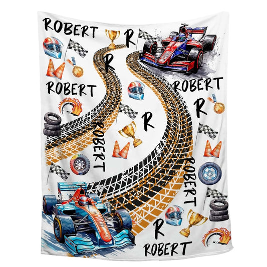 WHISKEYBLANKET Custom Race Car Blanket, Personalized Name for Kids Infant Toddler, Soft Cozy Baby Gift for Birthday
