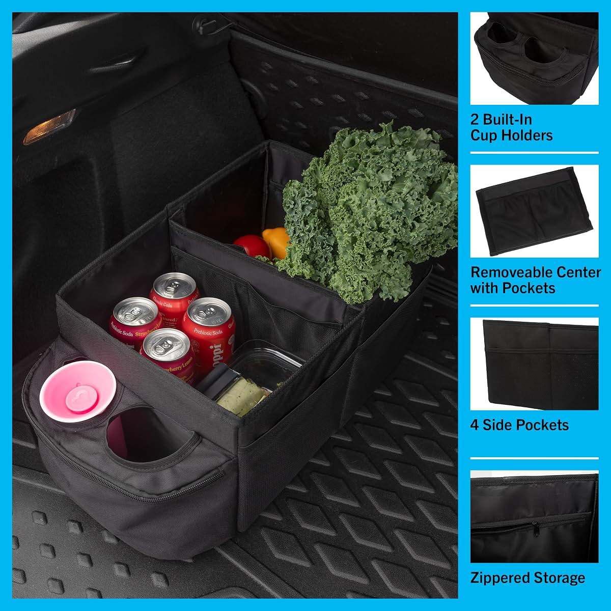 Stalwart Backseat Car Organizer with 2 Cupholders, Collapsible Storage Caddy