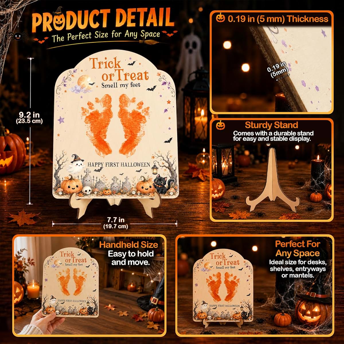 SAMDEMORY POD Baby's First Halloween Wooden Footprint Keepsake Sign with Stand (photo 2)