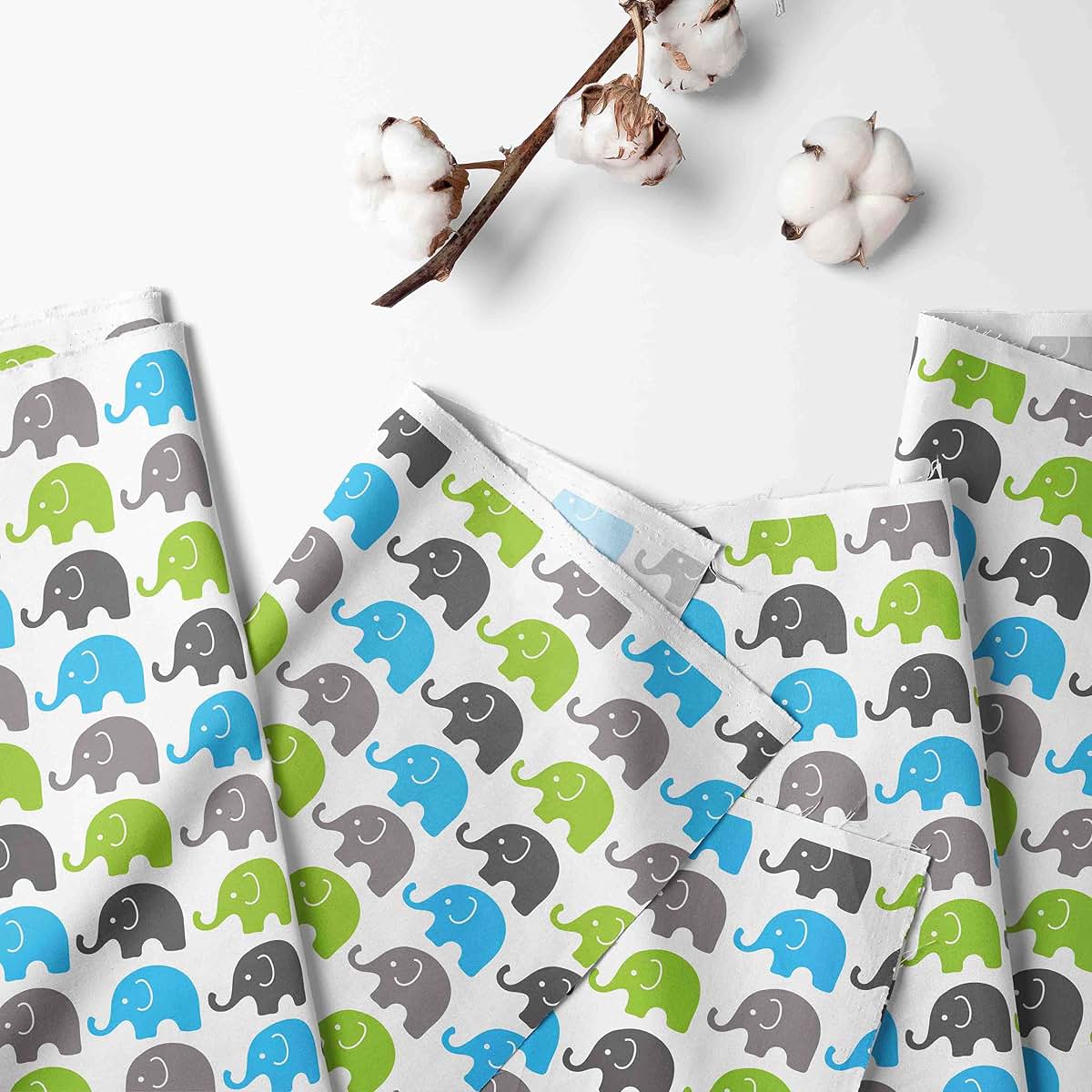 Bacati - Single Light Filtering Curtain Panel Elephants (Aqua Lime Gray)