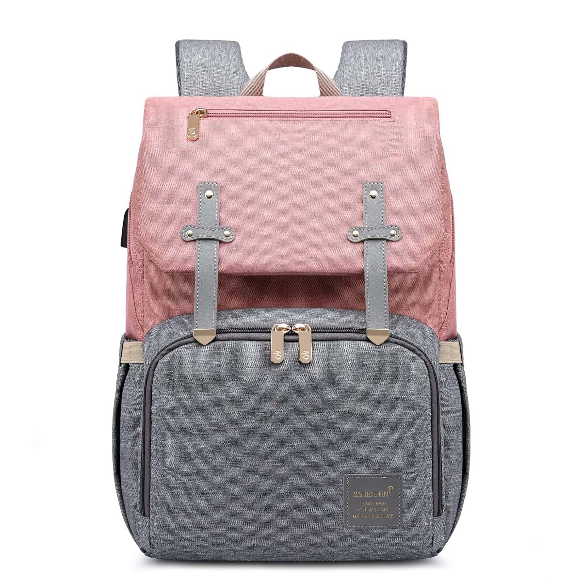 Machine Bird Baby Diaper Bag Backpack, Pink And Grey
