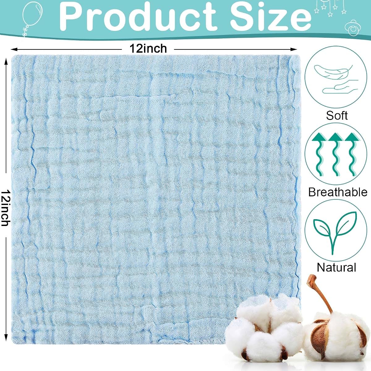 Chumia 30 Pcs Baby Muslin Burp Cloths, Watercolor Colors, 12x12 Inches, Cotton