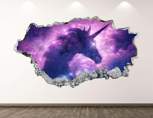 West Mountain Unicorn Wall Decal Art Decor 3D Smashed Mythical Creature Sticker Poster Kids Room Mural Custom Gift