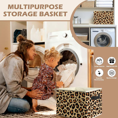 WARDOS Trendy Leopard Storage Bin with Handles, Foldable Linen Fabric Basket for Nursery and Home