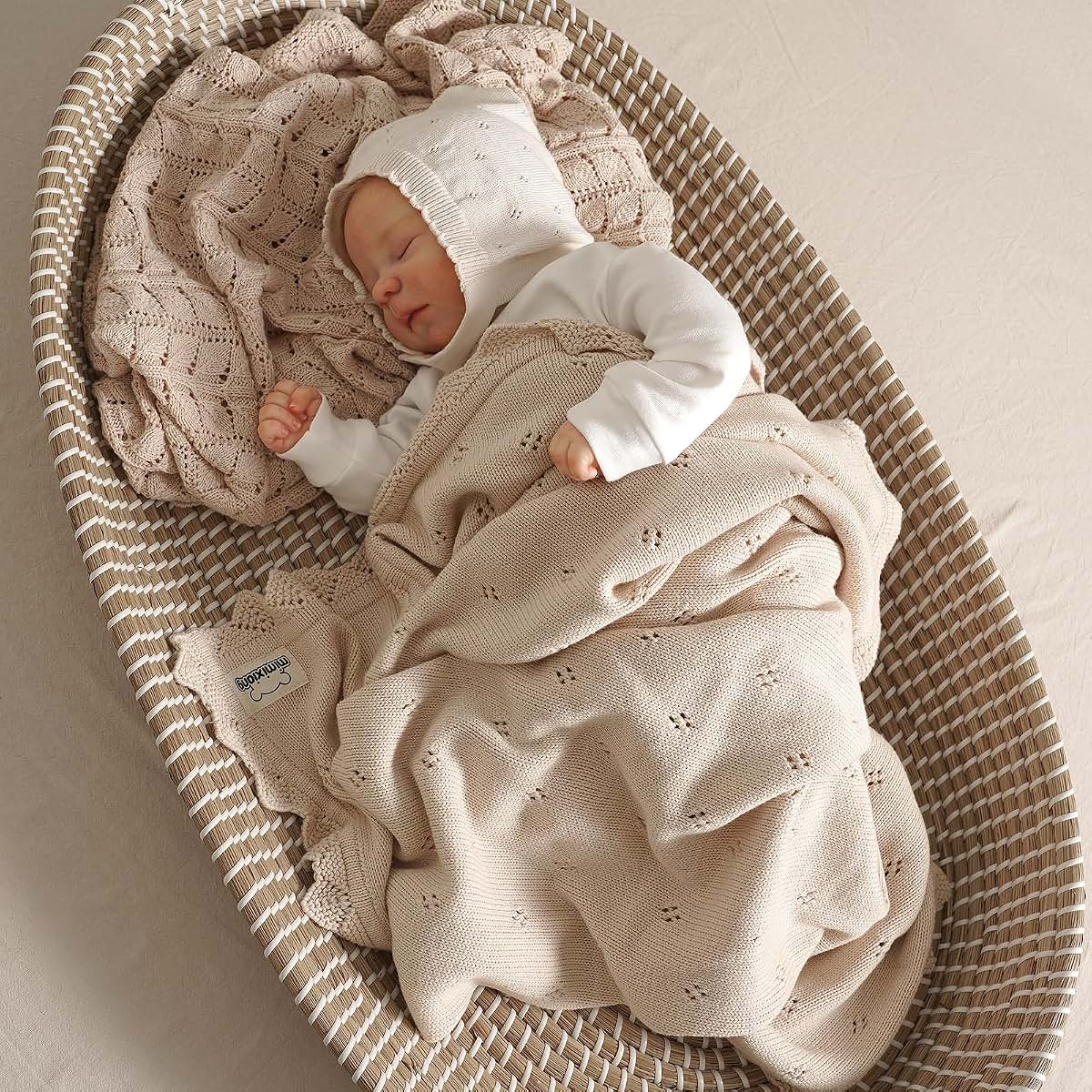 mimixiong Cotton Baby Blanket Knitted Crochet Swaddle 30x40 Inch Oatmeal