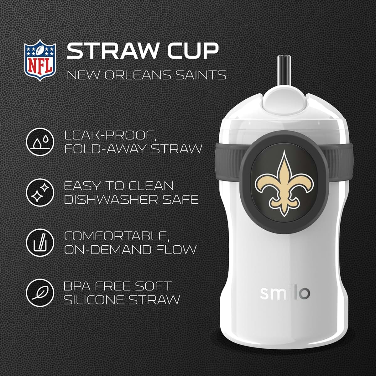 Smilo New Orleans Saints NFL Straw Cup with Weighted Silicone Straw, 8.5 oz
